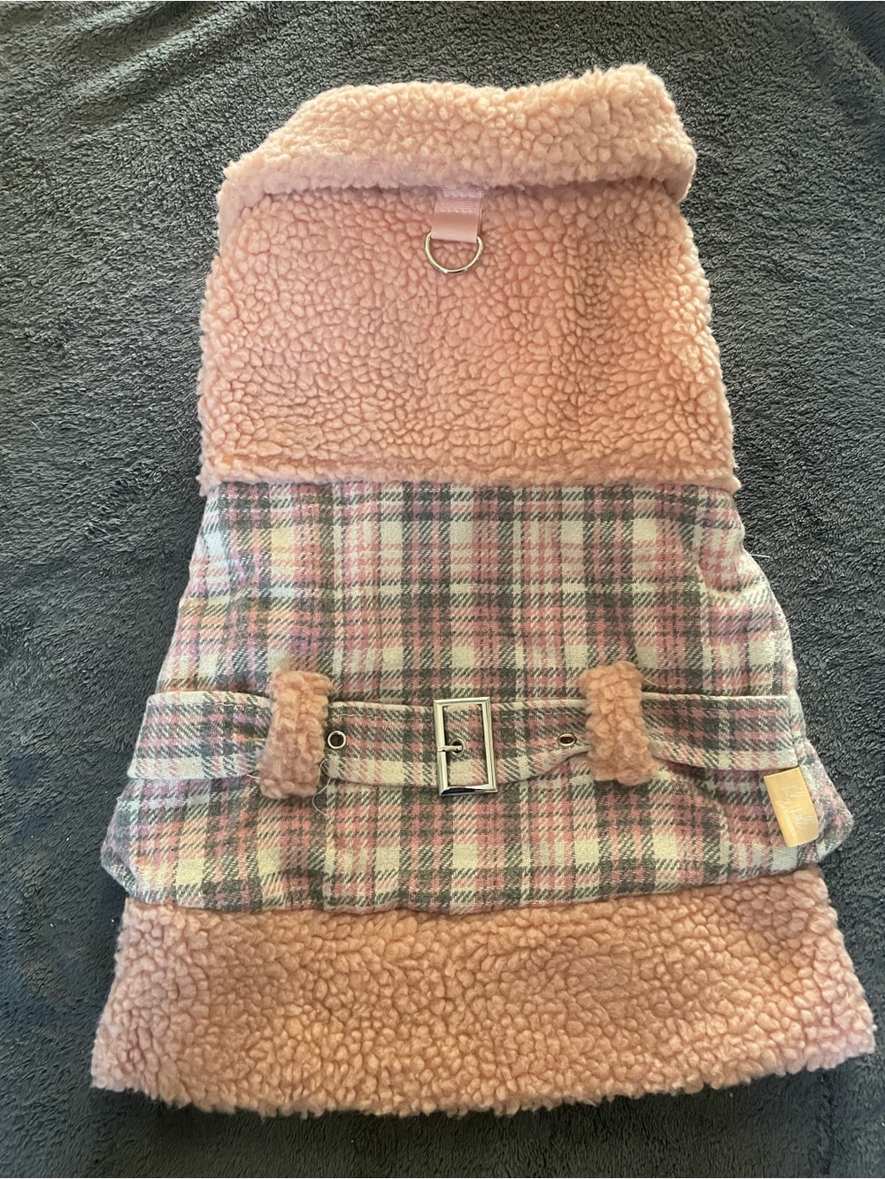 Pink Plaid Sherpa Dog Coat with Buckle Detail